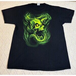 Vintage Y2K Skater Grunge Neon Green Skull Snake Skeleton Shirt Size L Jerzees